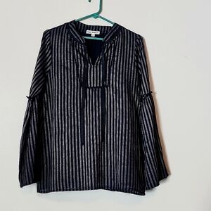 Indigo Thread Striped Blouse with split tie collar Navy and and Bell Sleeves